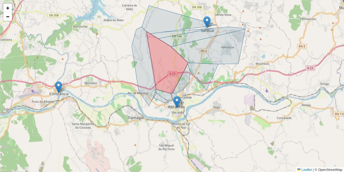 Mapa detalhado do código postal 2200-135 com limites, códigos postais vizinhos e agências dos correios