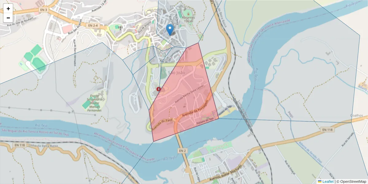 Mapa detalhado do código postal 2200-195 com limites, códigos postais vizinhos e agências dos correios