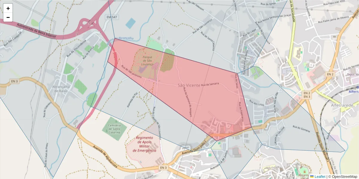 Mapa detalhado do código postal 2200-212 com limites, códigos postais vizinhos e agências dos correios