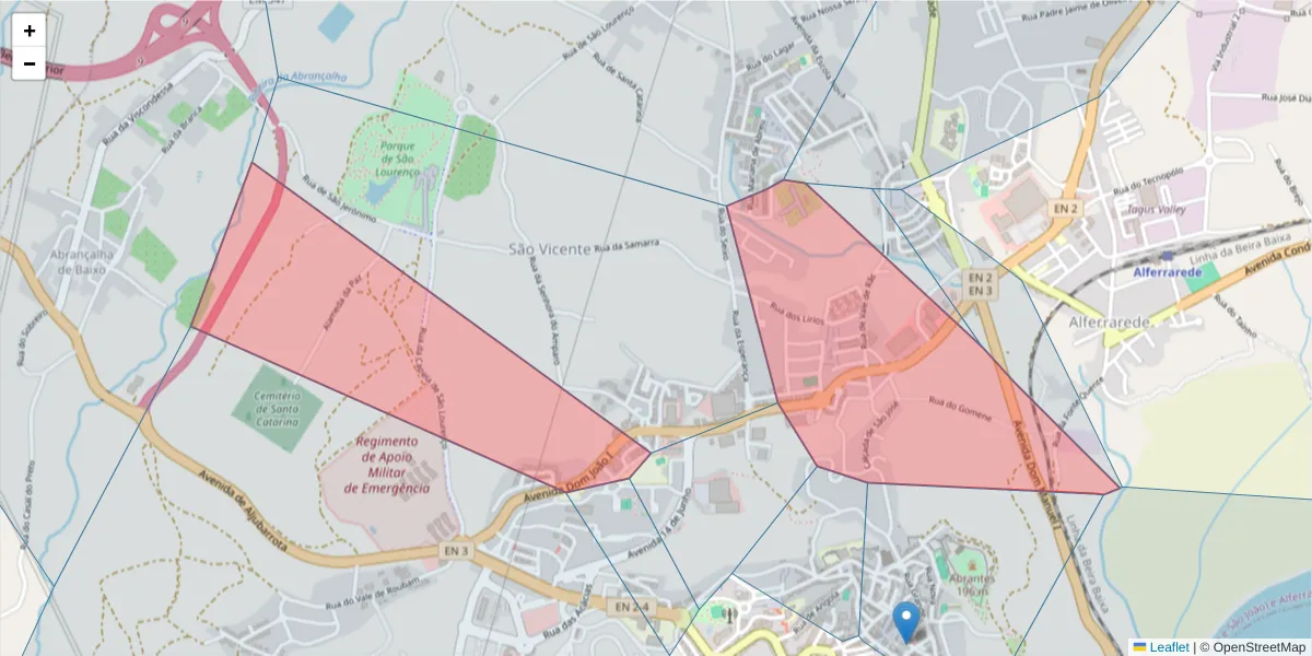 Mapa detalhado do código postal 2200-233 com limites, códigos postais vizinhos e agências dos correios