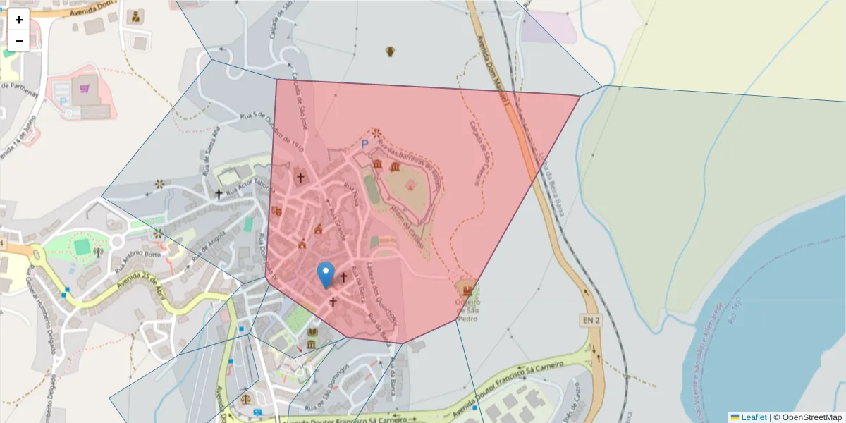 Mapa detalhado do código postal 2200-374 com limites, códigos postais vizinhos e agências dos correios