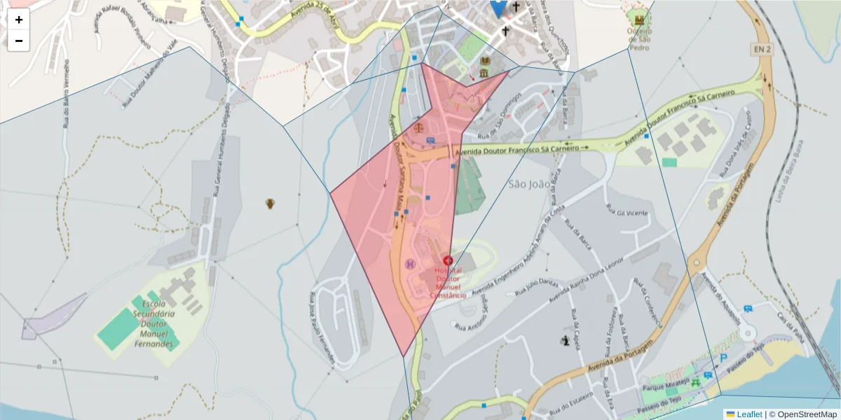 Mapa detalhado do código postal 2200-397 com limites, códigos postais vizinhos e agências dos correios