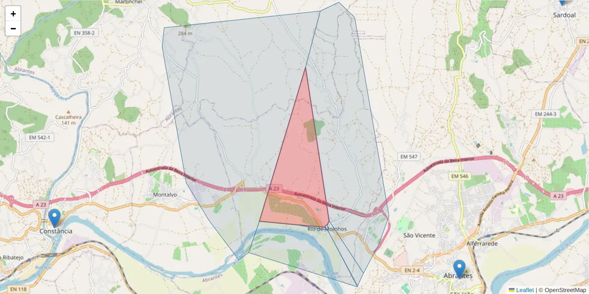 Mapa detalhado do código postal 2200-800 com limites, códigos postais vizinhos e agências dos correios