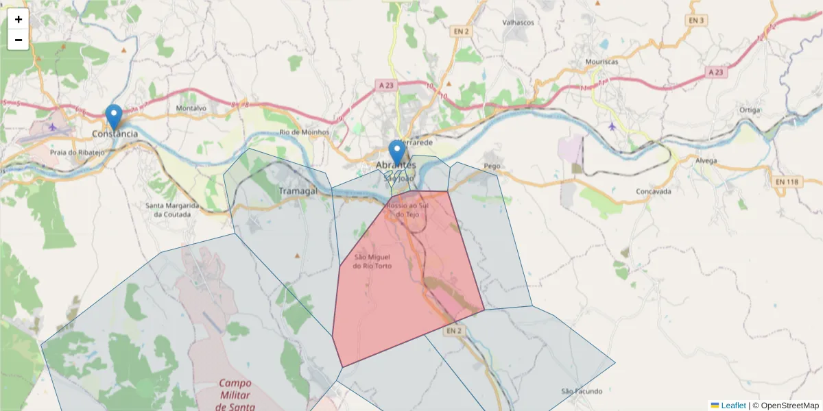 Mapa detalhado do código postal 2205-013 com limites, códigos postais vizinhos e agências dos correios