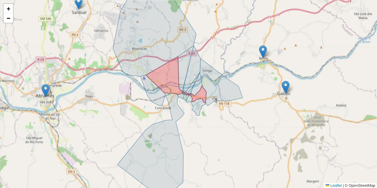 Mapa detalhado do código postal 2205-104 com limites, códigos postais vizinhos e agências dos correios