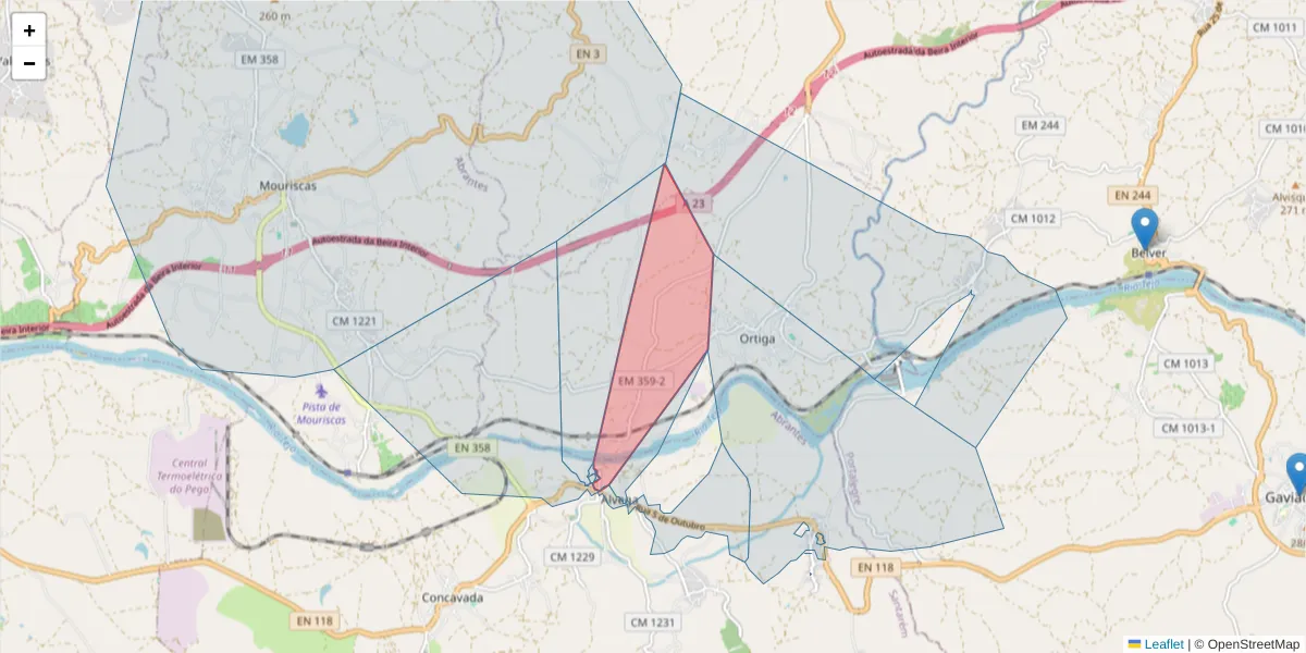 Mapa detalhado do código postal 2205-105 com limites, códigos postais vizinhos e agências dos correios