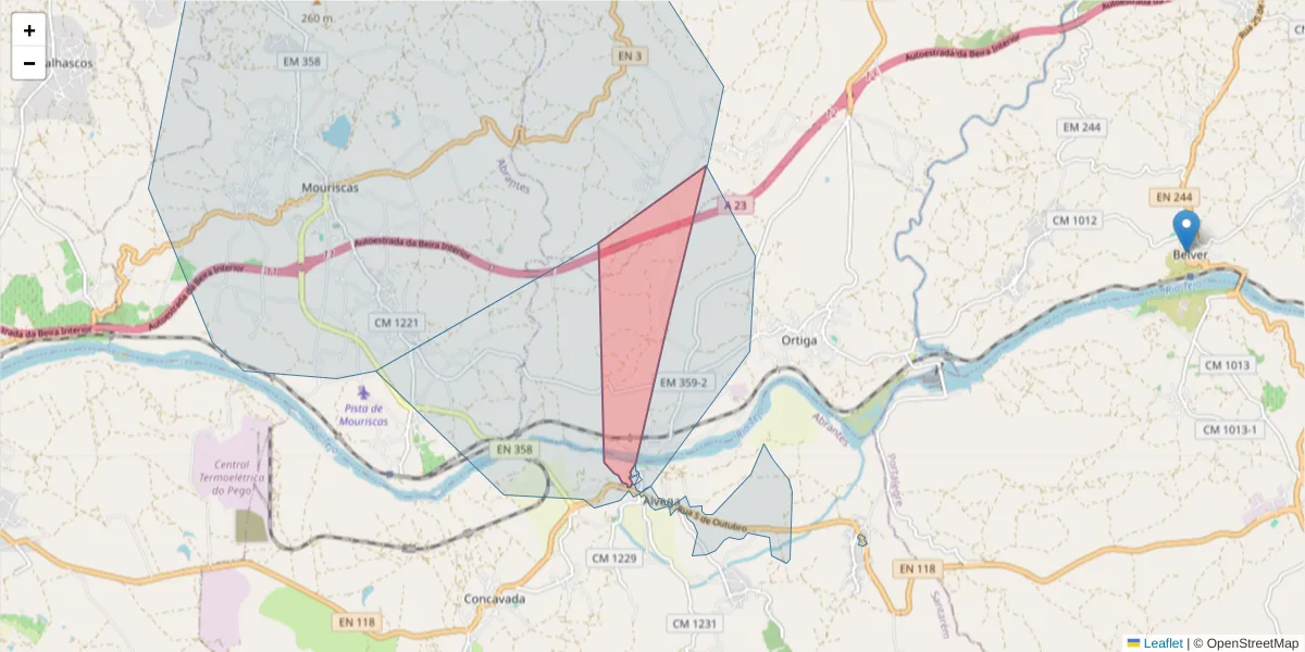 Mapa detalhado do código postal 2205-110 com limites, códigos postais vizinhos e agências dos correios