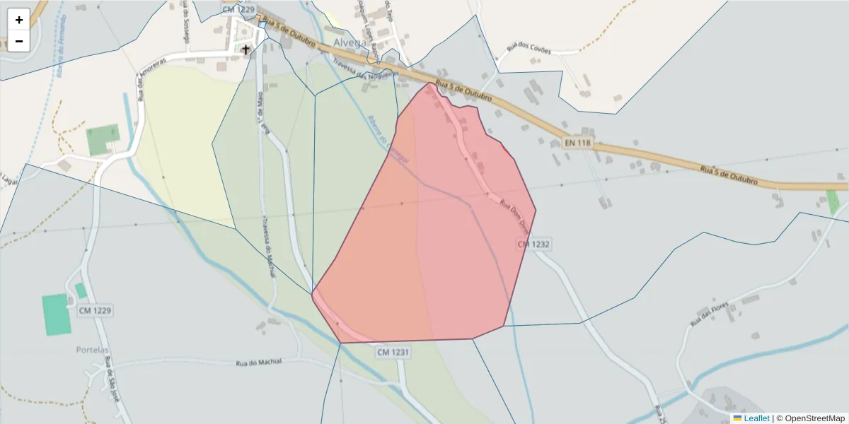 Mapa detalhado do código postal 2205-115 com limites, códigos postais vizinhos e agências dos correios