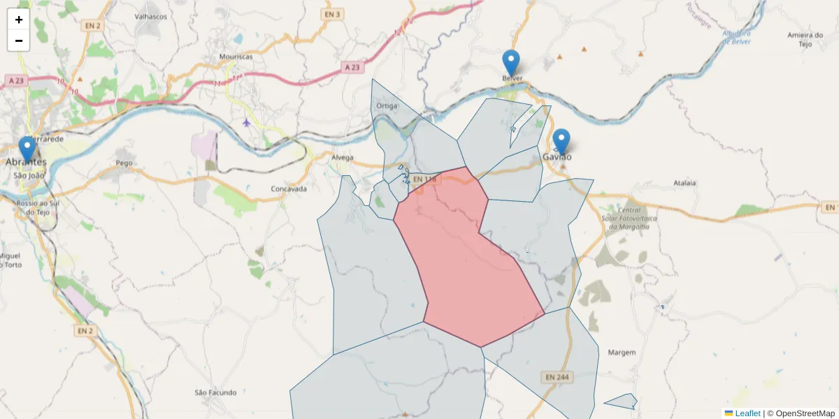 Mapa detalhado do código postal 2205-135 com limites, códigos postais vizinhos e agências dos correios