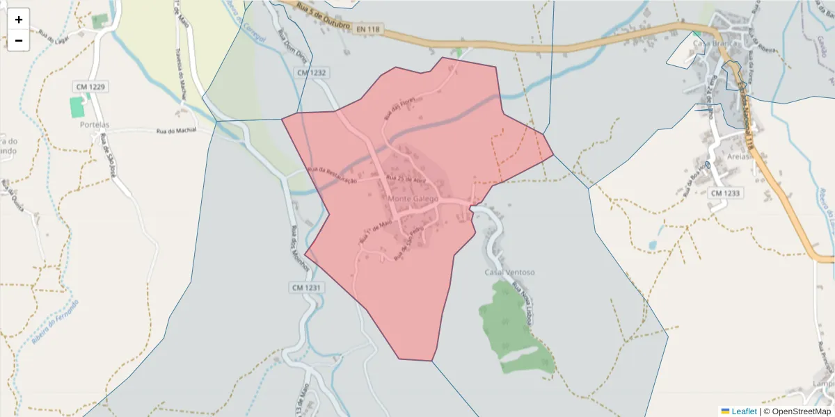 Mapa detalhado do código postal 2205-136 com limites, códigos postais vizinhos e agências dos correios