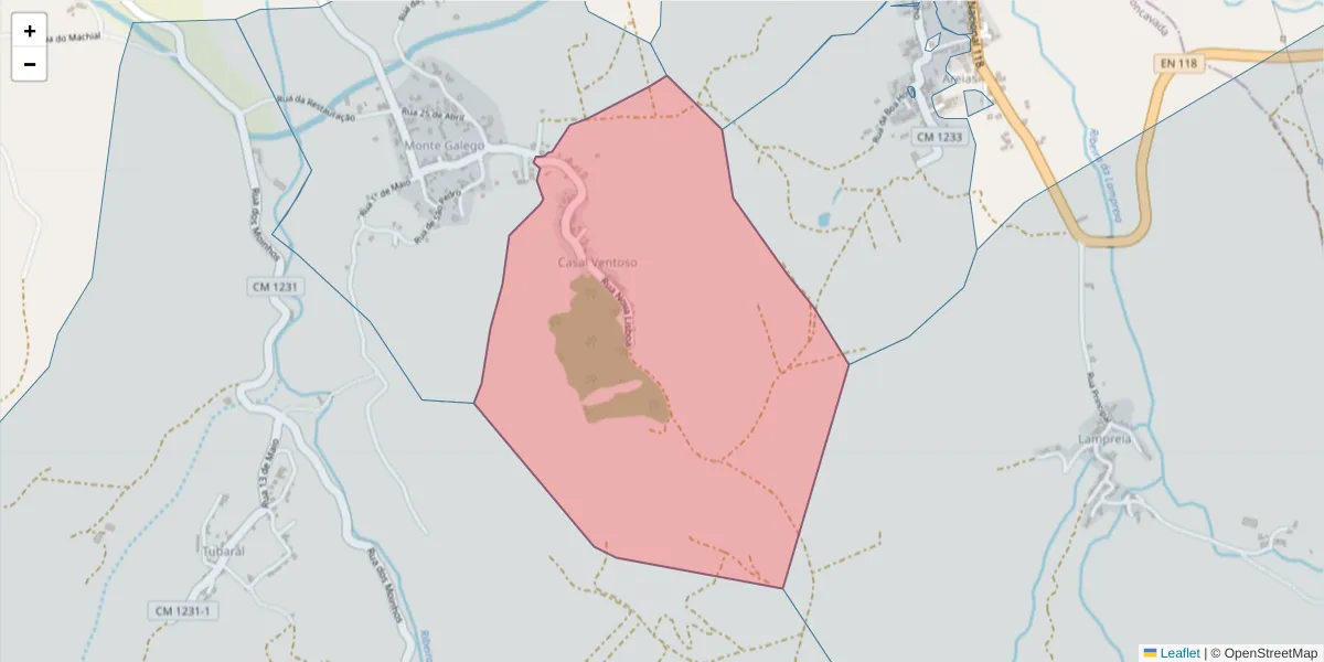 Mapa detalhado do código postal 2205-141 com limites, códigos postais vizinhos e agências dos correios