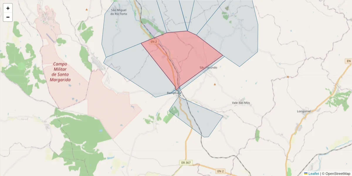 Mapa detalhado do código postal 2205-171 com limites, códigos postais vizinhos e agências dos correios