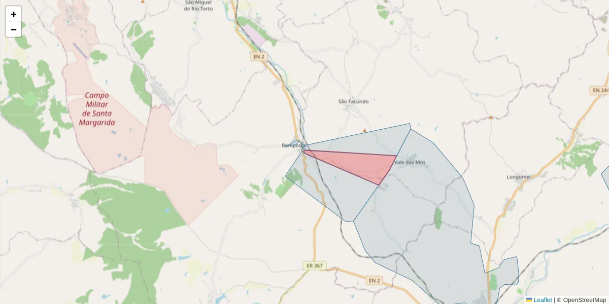 Mapa detalhado do código postal 2205-174 com limites, códigos postais vizinhos e agências dos correios