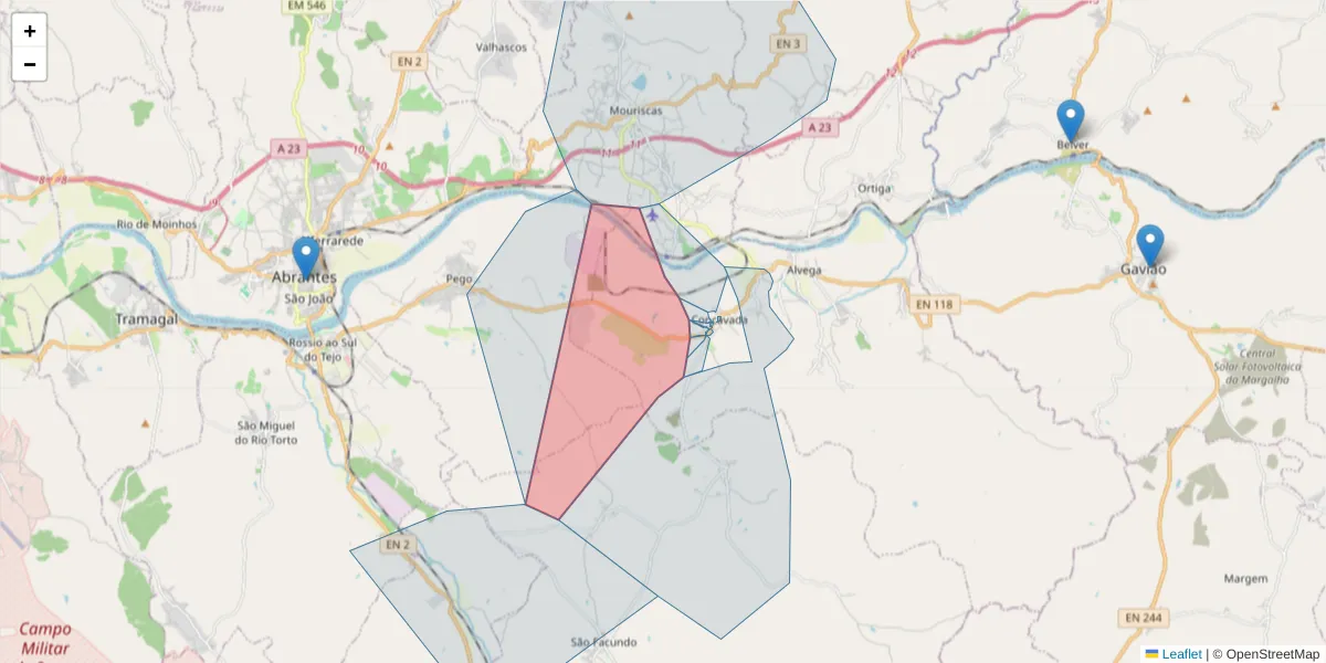 Mapa detalhado do código postal 2205-251 com limites, códigos postais vizinhos e agências dos correios