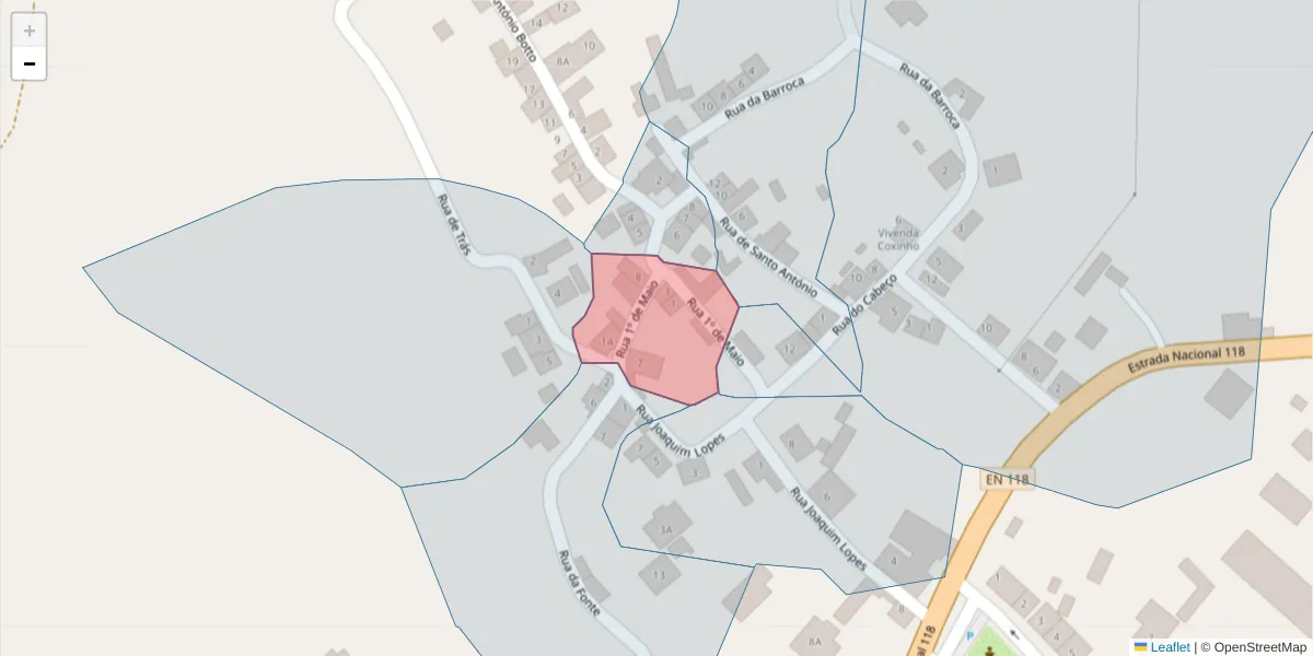Mapa detalhado do código postal 2205-262 com limites, códigos postais vizinhos e agências dos correios