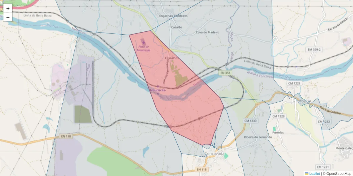 Mapa detalhado do código postal 2205-264 com limites, códigos postais vizinhos e agências dos correios