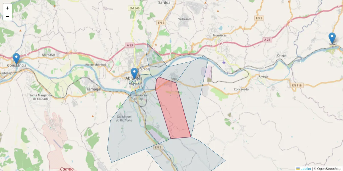 Mapa detalhado do código postal 2205-351 com limites, códigos postais vizinhos e agências dos correios