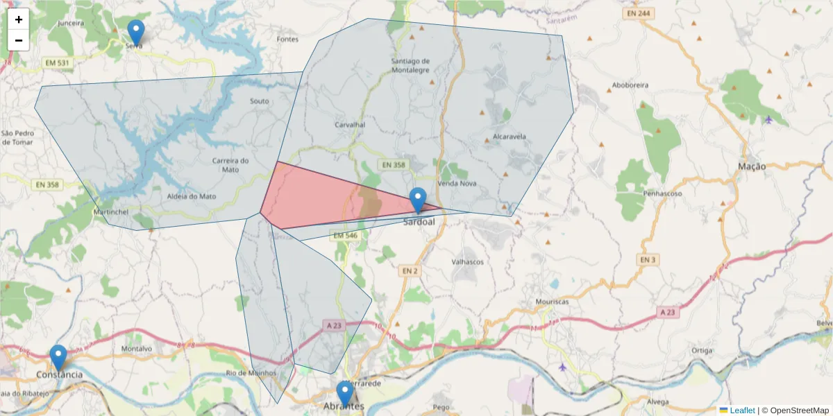 Mapa detalhado do código postal 2230-135 com limites, códigos postais vizinhos e agências dos correios