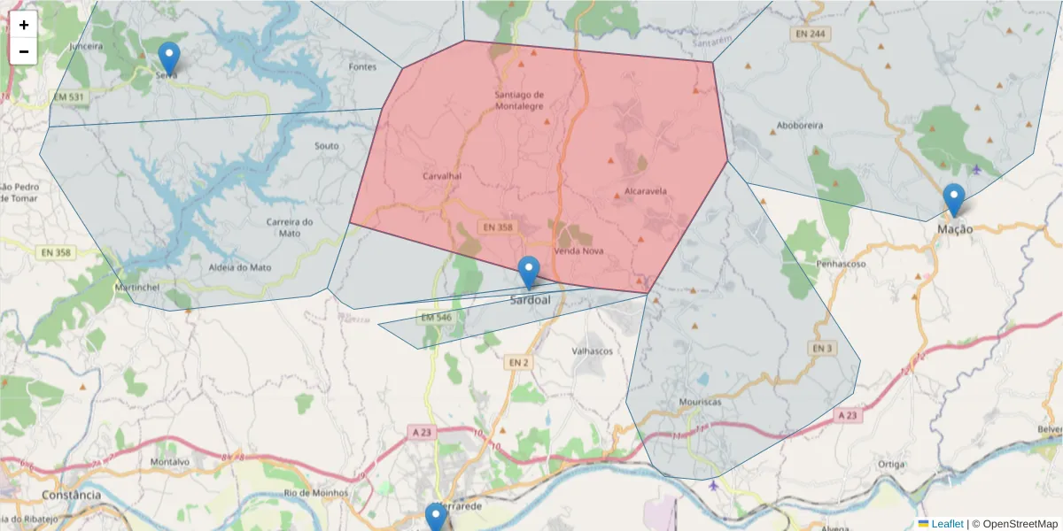 Mapa detalhado do código postal 2230-161 com limites, códigos postais vizinhos e agências dos correios