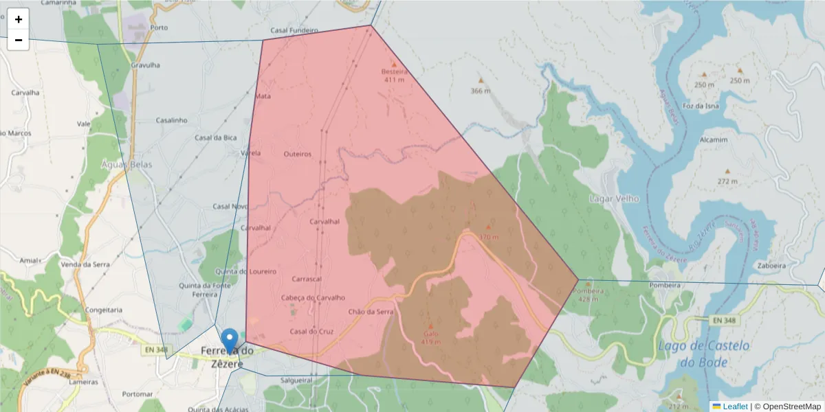 Mapa detalhado do código postal 2240-388 com limites, códigos postais vizinhos e agências dos correios