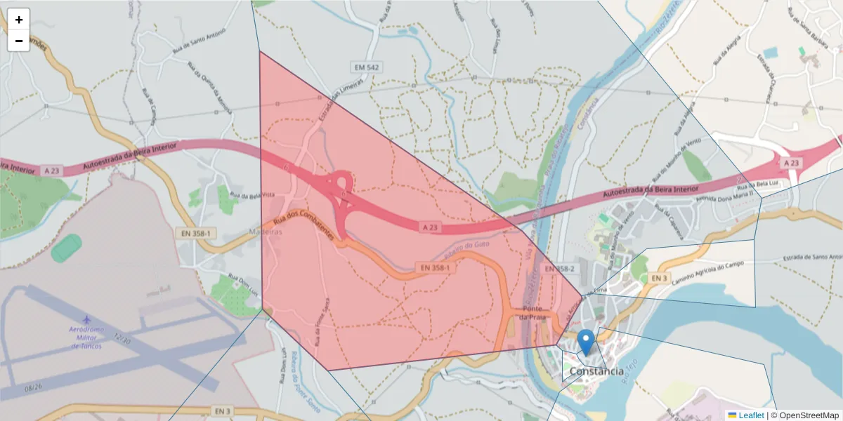 Mapa detalhado do código postal 2250-025 com limites, códigos postais vizinhos e agências dos correios