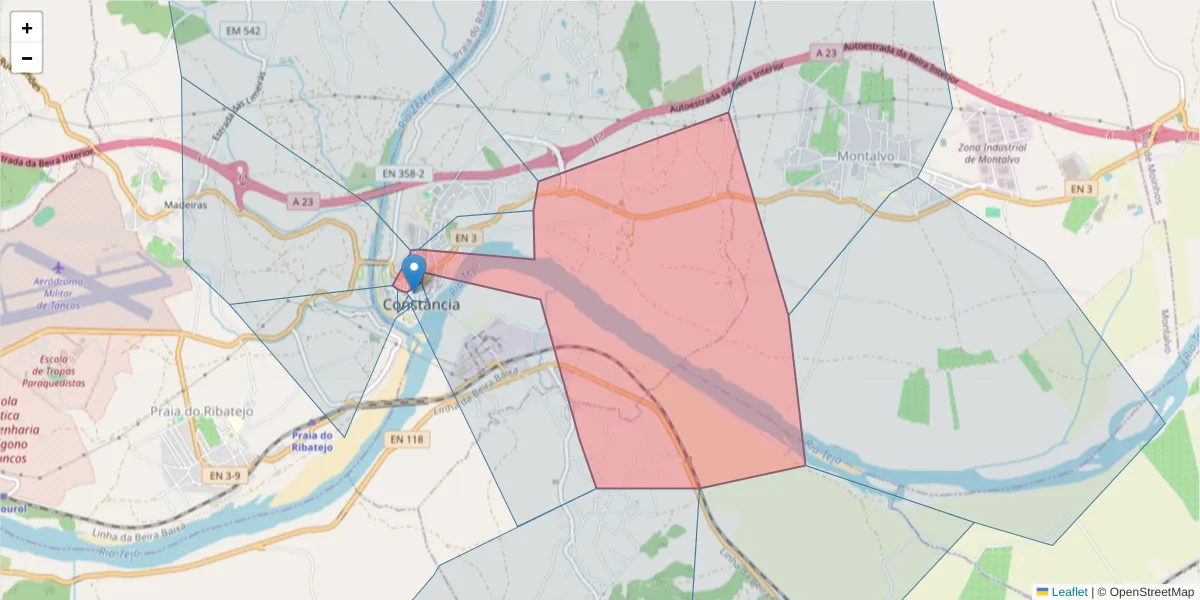 Mapa detalhado do código postal 2250-028 com limites, códigos postais vizinhos e agências dos correios