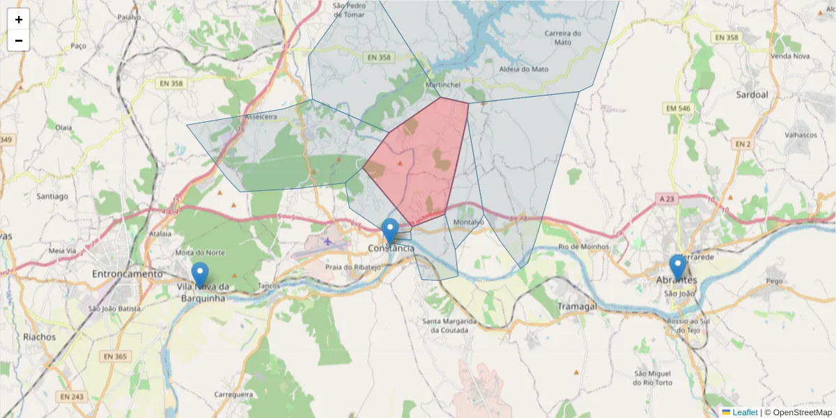 Mapa detalhado do código postal 2250-092 com limites, códigos postais vizinhos e agências dos correios