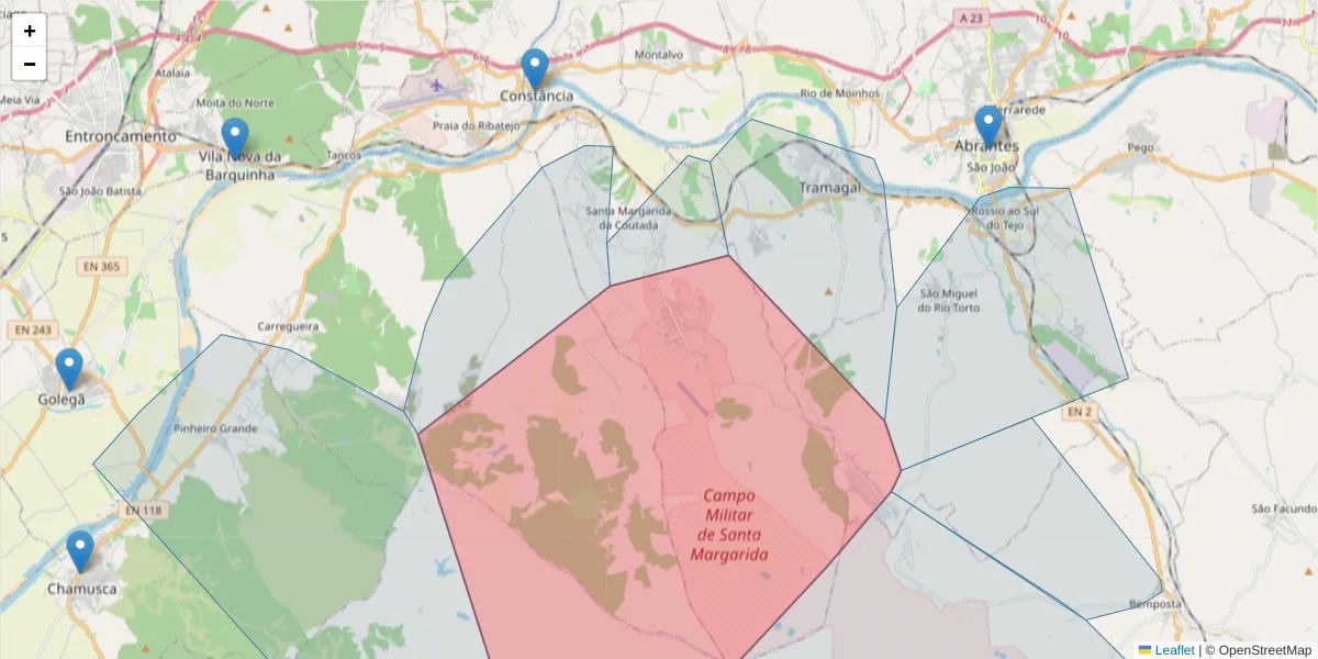 Mapa detalhado do código postal 2250-350 com limites, códigos postais vizinhos e agências dos correios