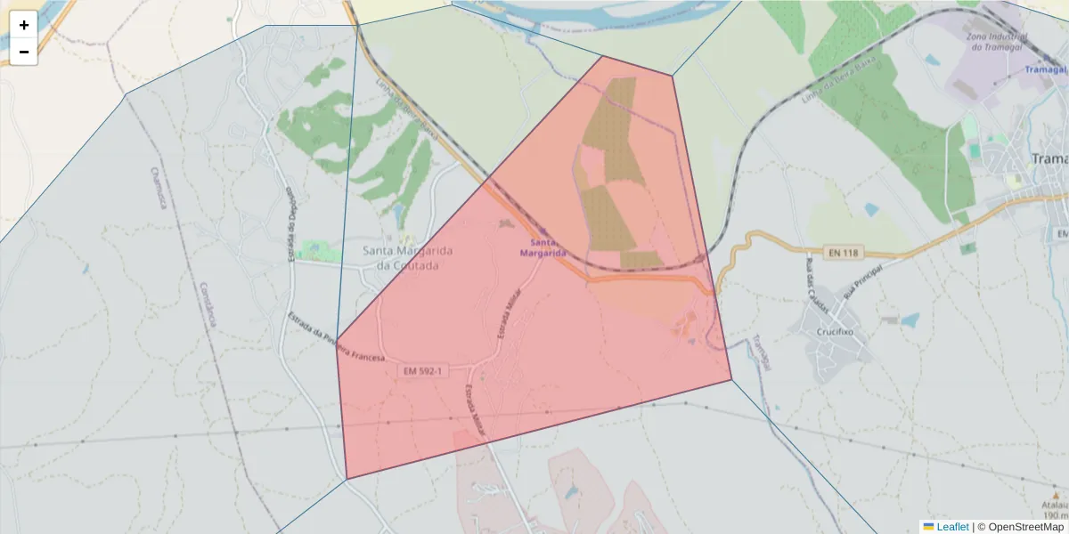 Mapa detalhado do código postal 2250-365 com limites, códigos postais vizinhos e agências dos correios