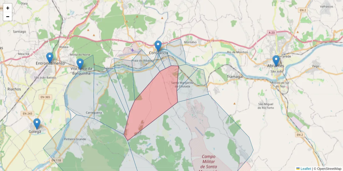Mapa detalhado do código postal 2250-382 com limites, códigos postais vizinhos e agências dos correios