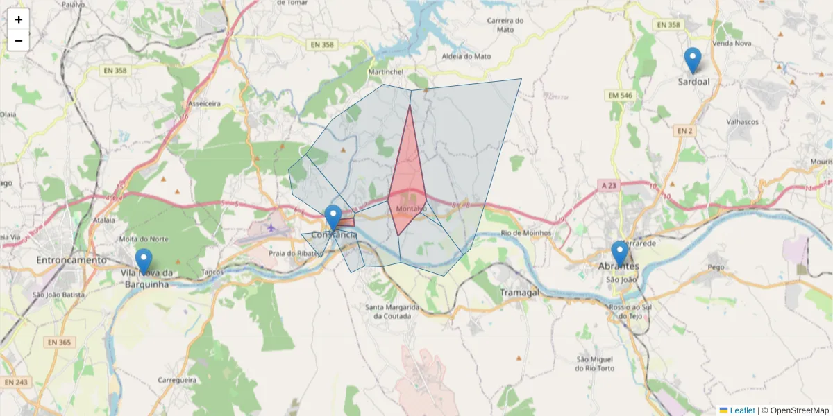 Mapa detalhado do código postal 2250 com limites, códigos postais vizinhos e agências dos correios