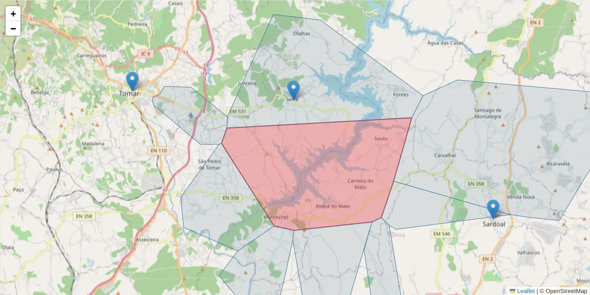 Mapa detalhado do código postal 2300-236 com limites, códigos postais vizinhos e agências dos correios