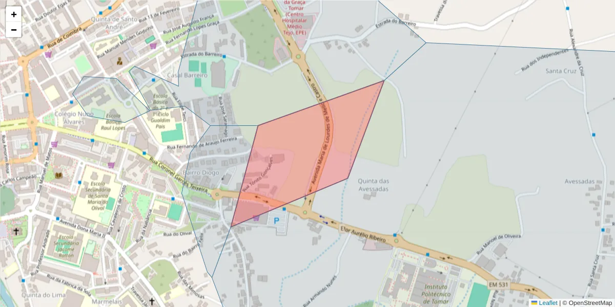 Mapa detalhado do código postal 2300-305 com limites, códigos postais vizinhos e agências dos correios