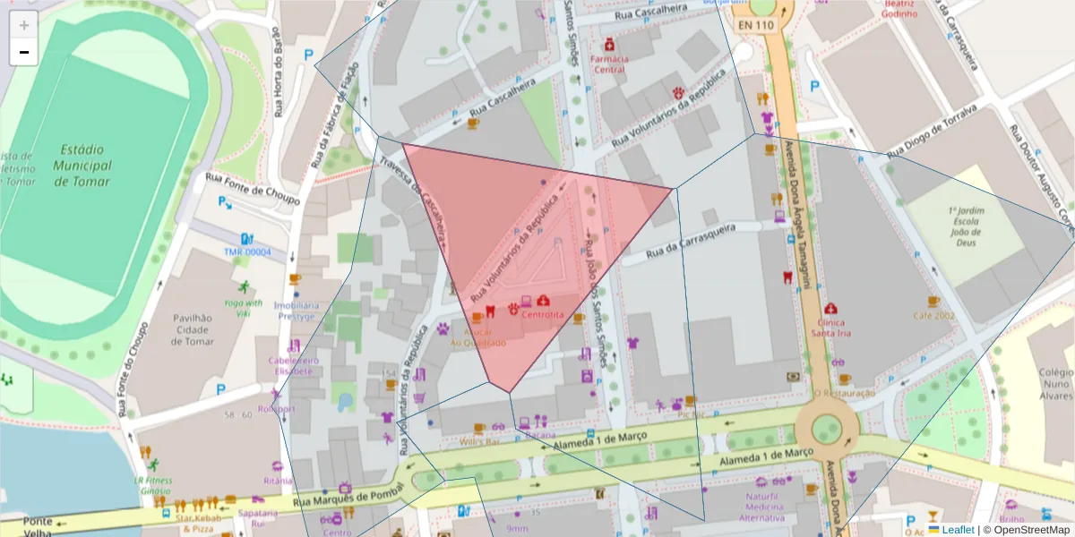 Mapa detalhado do código postal 2300-337 com limites, códigos postais vizinhos e agências dos correios