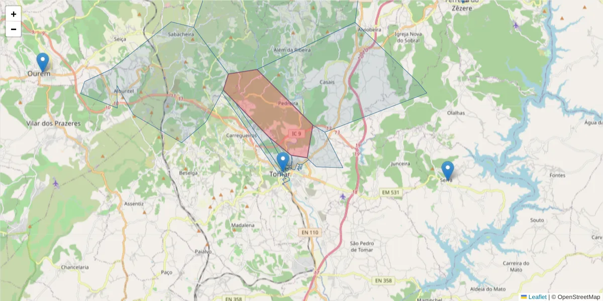 Mapa detalhado do código postal 2300-381 com limites, códigos postais vizinhos e agências dos correios