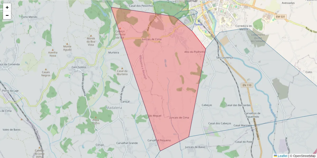 Mapa detalhado do código postal 2300-392 com limites, códigos postais vizinhos e agências dos correios
