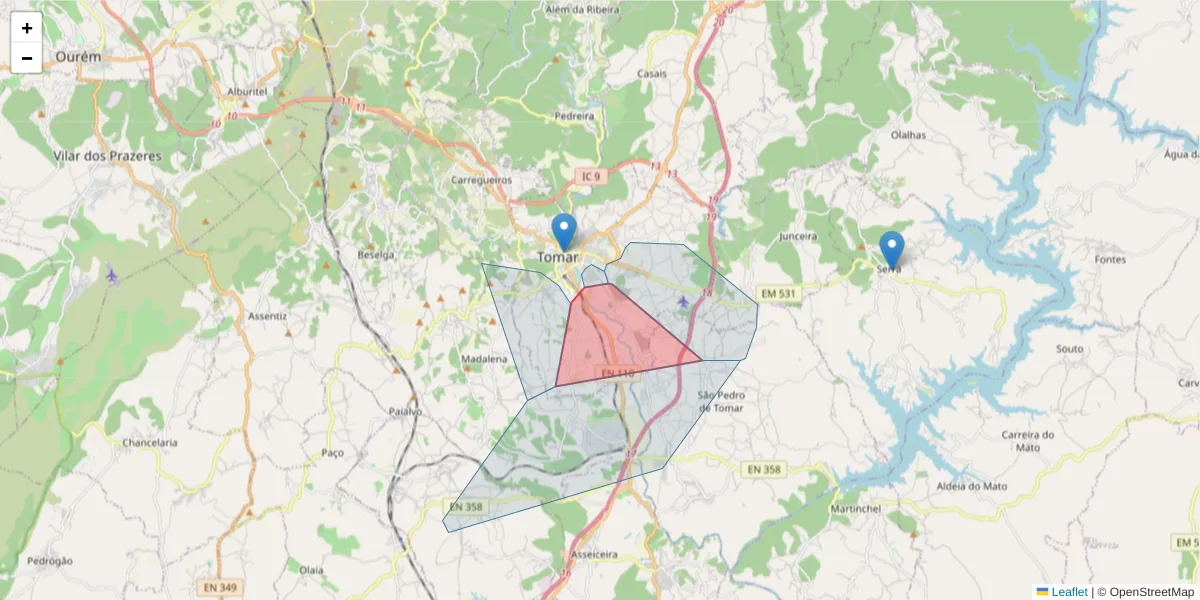 Mapa detalhado do código postal 2300-401 com limites, códigos postais vizinhos e agências dos correios