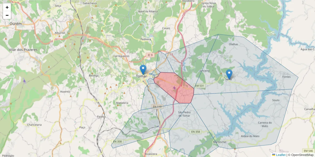 Mapa detalhado do código postal 2300-410 com limites, códigos postais vizinhos e agências dos correios