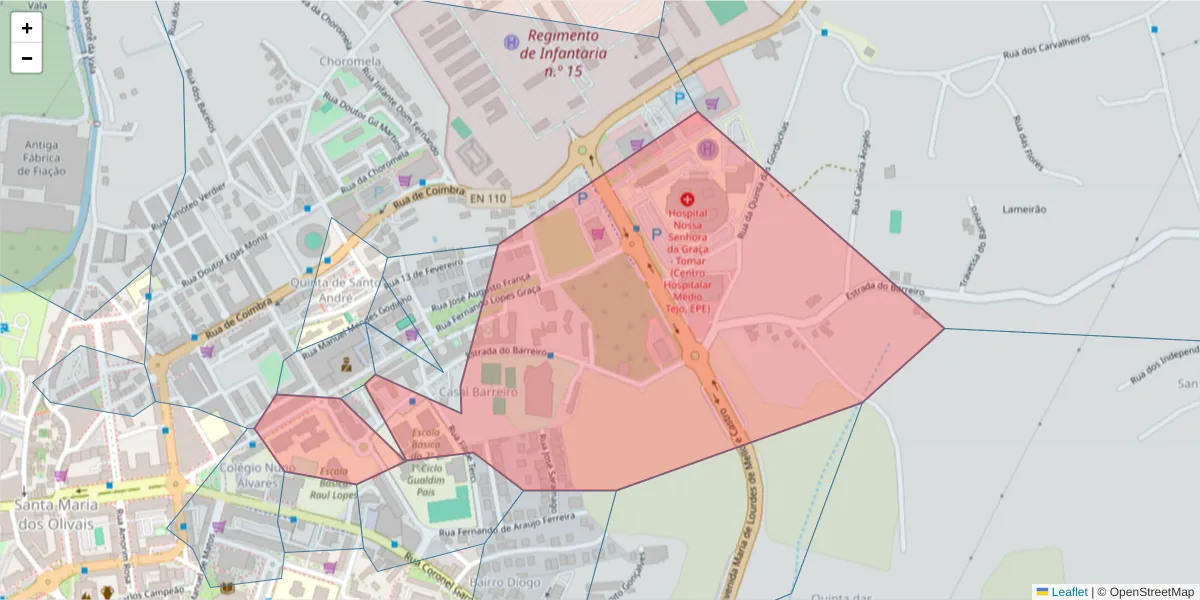 Mapa detalhado do código postal 2300-442 com limites, códigos postais vizinhos e agências dos correios