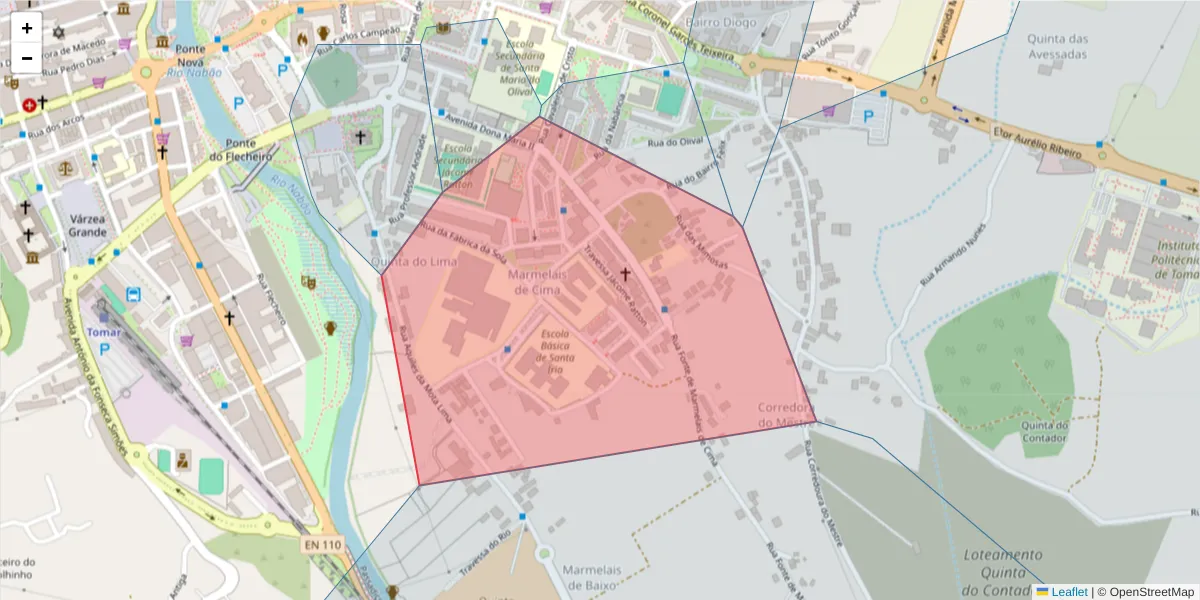 Mapa detalhado do código postal 2300-449 com limites, códigos postais vizinhos e agências dos correios