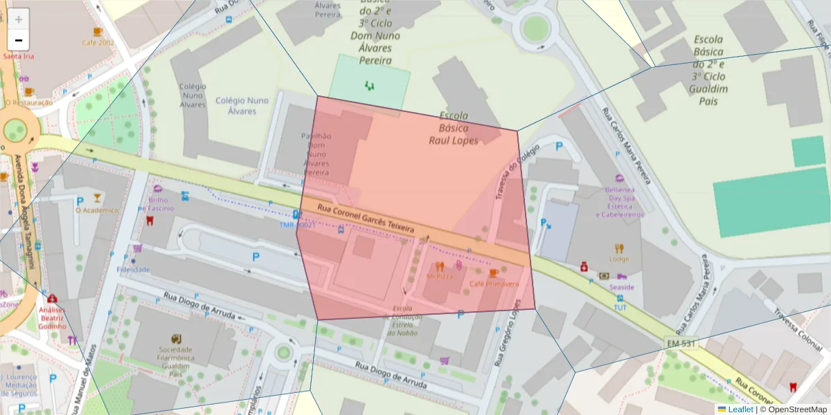 Mapa detalhado do código postal 2300-460 com limites, códigos postais vizinhos e agências dos correios