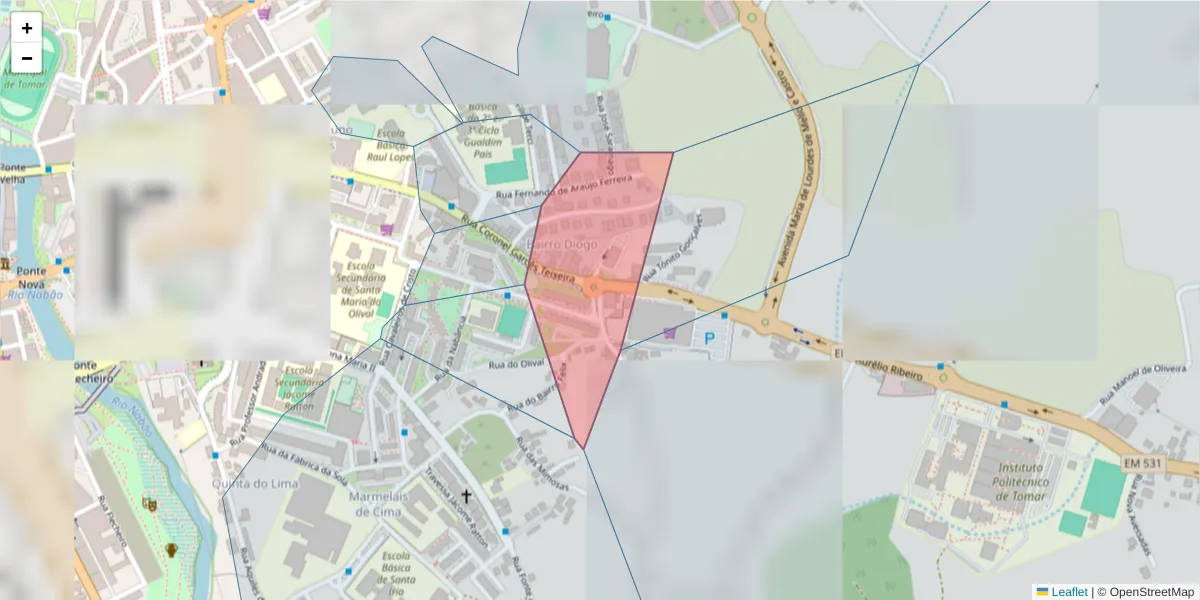 Mapa detalhado do código postal 2300-463 com limites, códigos postais vizinhos e agências dos correios
