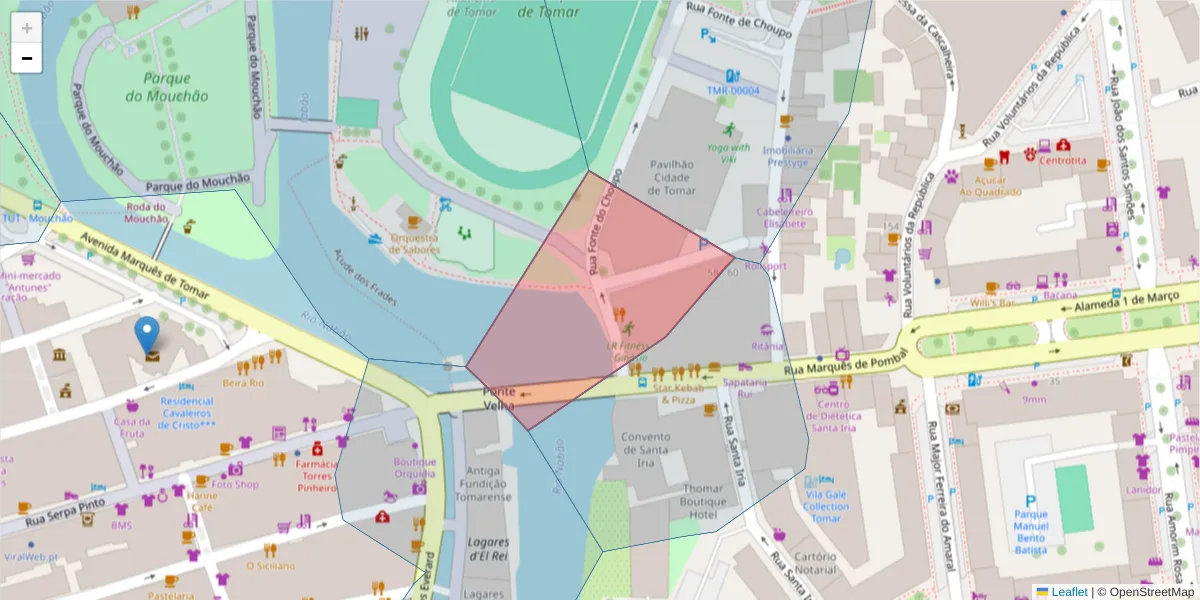 Mapa detalhado do código postal 2300-468 com limites, códigos postais vizinhos e agências dos correios