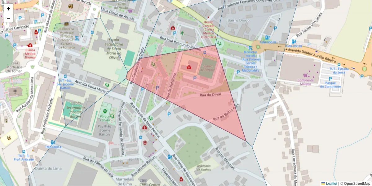 Mapa detalhado do código postal 2300-469 com limites, códigos postais vizinhos e agências dos correios