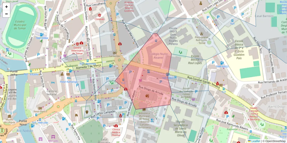 Mapa detalhado do código postal 2300-508 com limites, códigos postais vizinhos e agências dos correios