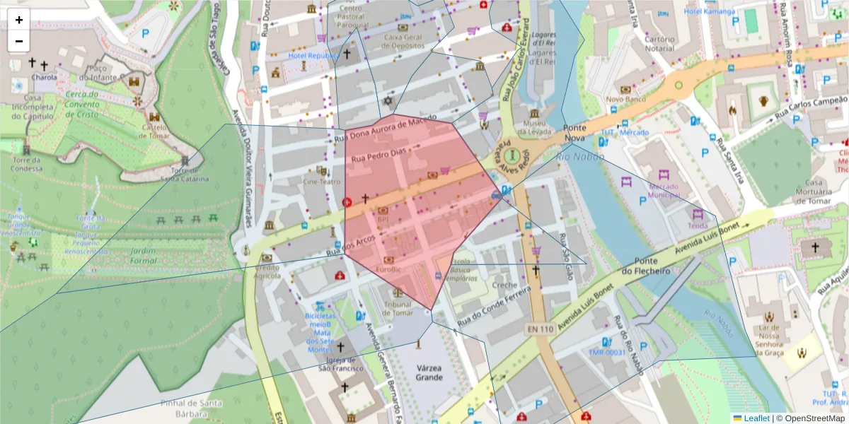 Mapa detalhado do código postal 2300-531 com limites, códigos postais vizinhos e agências dos correios