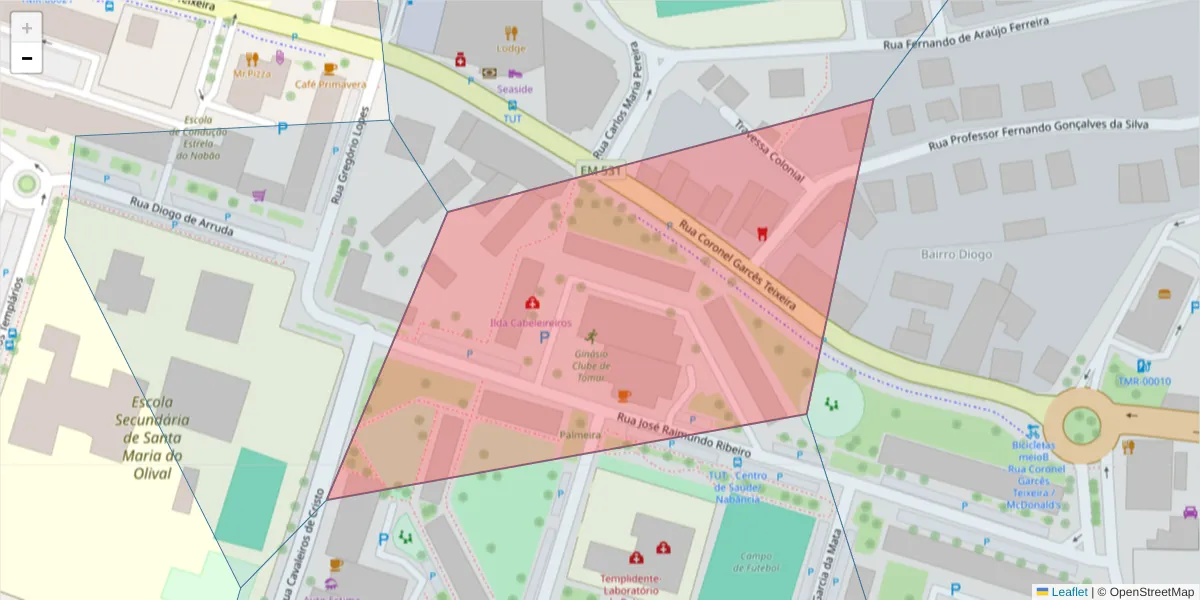 Mapa detalhado do código postal 2300-532 com limites, códigos postais vizinhos e agências dos correios
