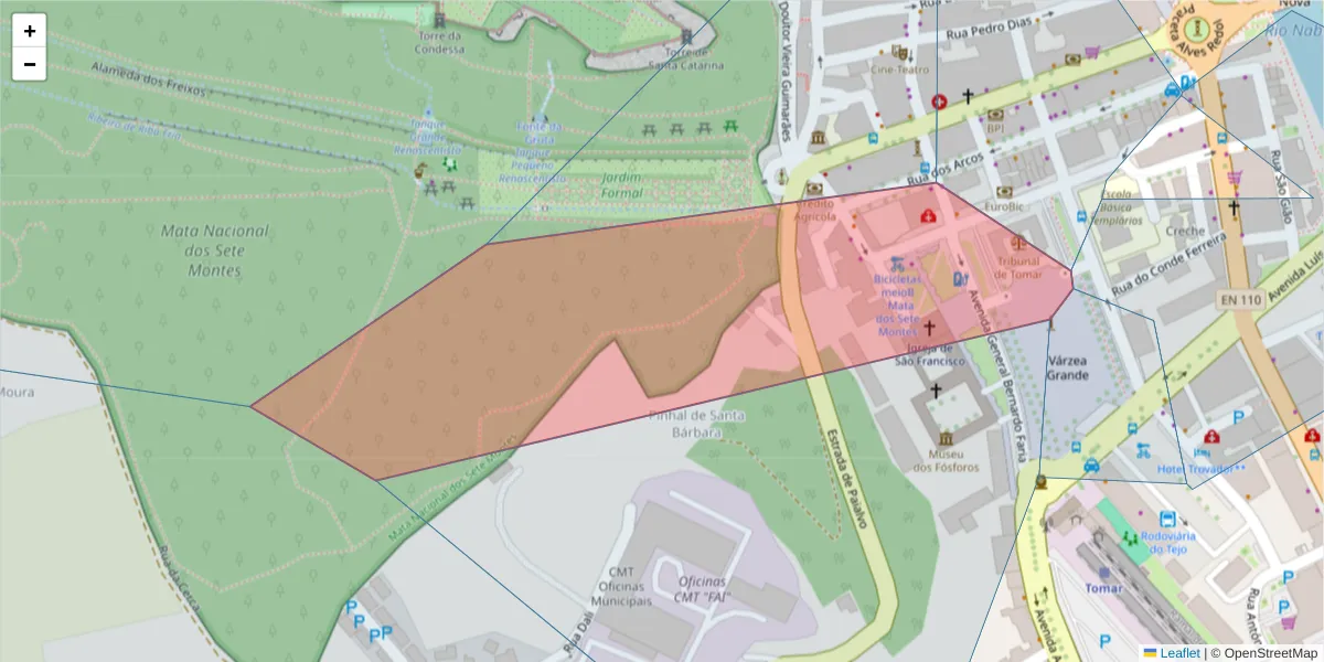 Mapa detalhado do código postal 2300-588 com limites, códigos postais vizinhos e agências dos correios