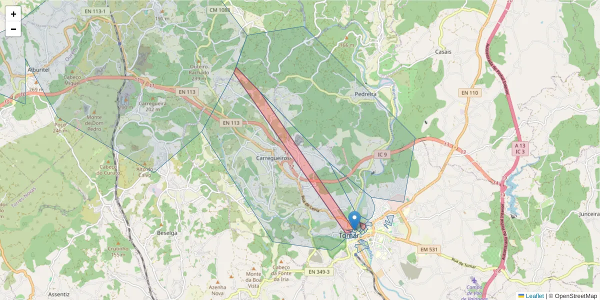 Mapa detalhado do código postal 2300-593 com limites, códigos postais vizinhos e agências dos correios