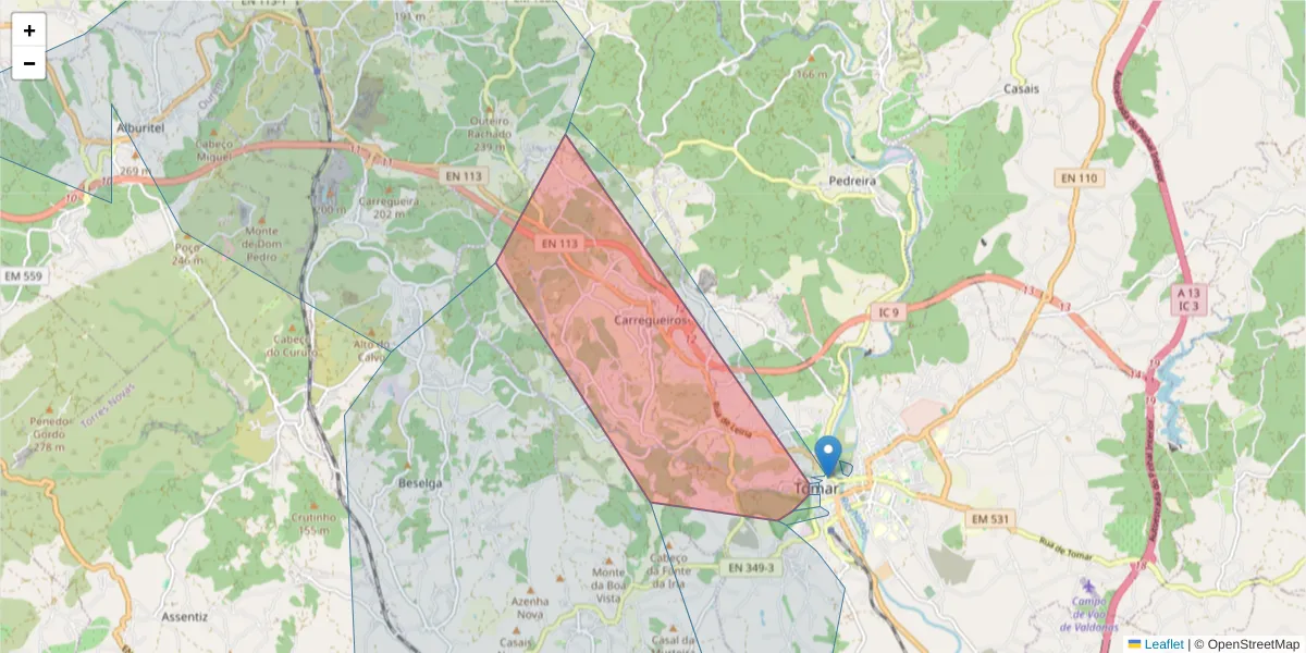 Mapa detalhado do código postal 2300-633 com limites, códigos postais vizinhos e agências dos correios